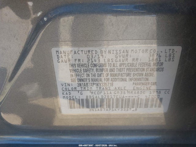 Продажа на аукционе авто 2019 Nissan Sentra Sv, vin: 3N1AB7AP1KY335718, номер лота: 45073087
