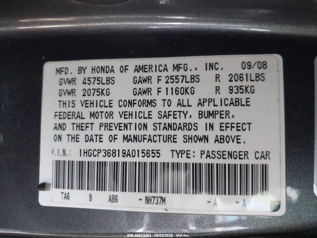 Aukcja sprzedaży 2009 Honda Accord 3.5 Ex-l, vin: 1HGCP36819A015655, numer aukcji: 45073094
