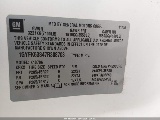 Aukcja sprzedaży 2007 Cadillac Escalade Standard, vin: 1GYFK63847R308703, numer aukcji: 45073100