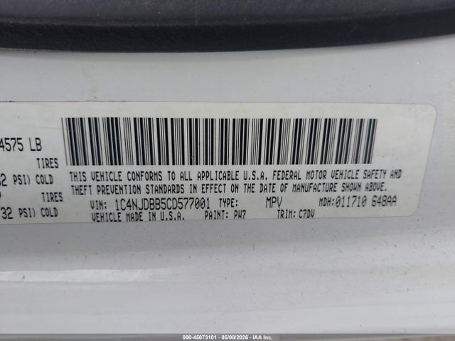 Продажа на аукционе авто 2012 Jeep Compass Sport, vin: 1C4NJDBB5CD577001, номер лота: 45073101