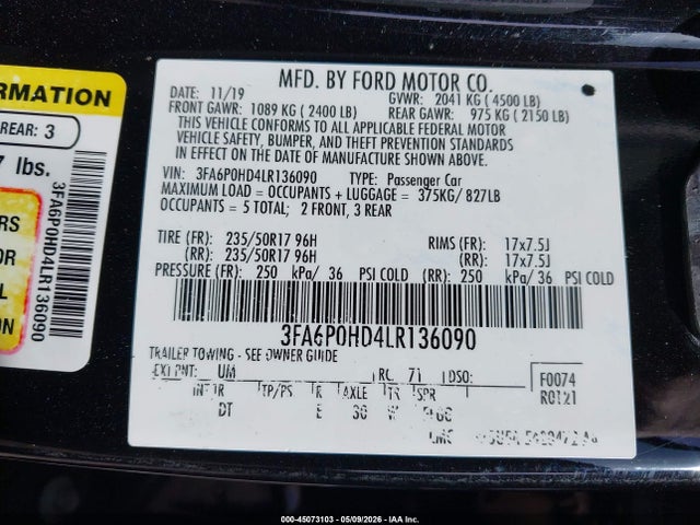45073103 :رقم المزاد ، 3FA6P0HD4LR136090 vin ، 2020 Ford Fusion Se مزاد بيع
