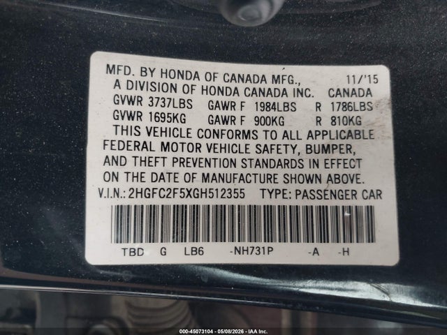 Продажа на аукционе авто 2016 Honda Civic Lx, vin: 2HGFC2F5XGH512355, номер лота: 45073104