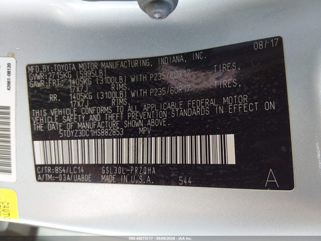 5TDYZ3DC1HS882853 Toyota Sienna Xle 8 Passenger