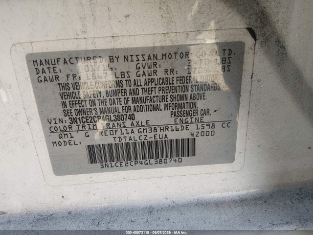 2016 Nissan Versa Note S Plus მანქანა იყიდება აუქციონზე, vin: 3N1CE2CP4GL380740, აუქციონის ნომერი: 45073118
