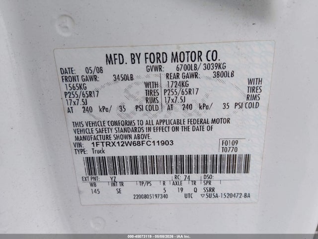 45073119 :رقم المزاد ، 1FTRX12W68FC11903 vin ، 2008 Ford F-150 Fx2/stx/xl/xlt مزاد بيع