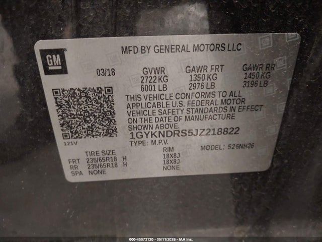 2018 Cadillac Xt5 Luxury მანქანა იყიდება აუქციონზე, vin: 1GYKNDRS5JZ218822, აუქციონის ნომერი: 45073120