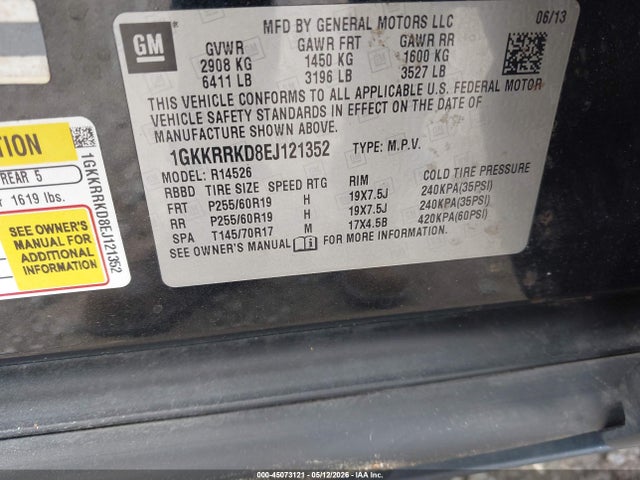 2014 Gmc Acadia Slt-1 მანქანა იყიდება აუქციონზე, vin: 1GKKRRKD8EJ121352, აუქციონის ნომერი: 45073121