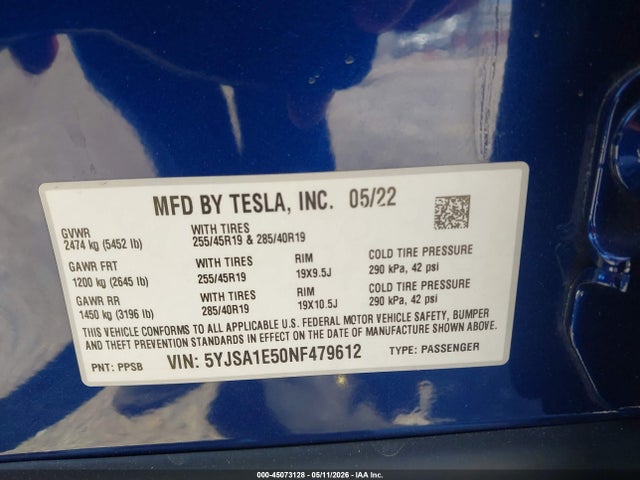 Продаж на аукціоні авто 2022 Tesla Model S Dual Motor All-wheel Drive, vin: 5YJSA1E50NF479612, номер лоту: 45073128