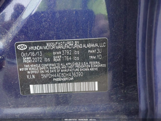 45073132 :رقم المزاد ، 5NPDH4AE8DH436390 vin ، 2013 Hyundai Elantra Gls مزاد بيع
