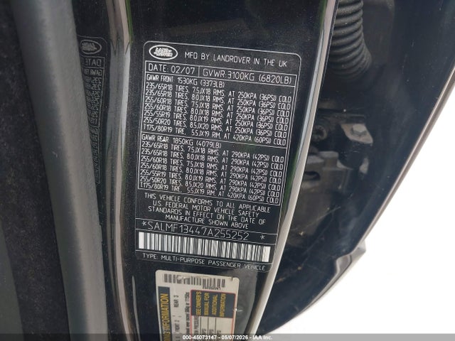 45073147 :رقم المزاد ، SALMF13447A255252 vin ، 2007 Land Rover Range Rover Supercharged مزاد بيع