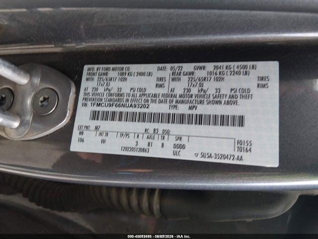 45073155 :رقم المزاد ، 1FMCU9F66NUA93202 vin ، 2022 Ford Escape S مزاد بيع