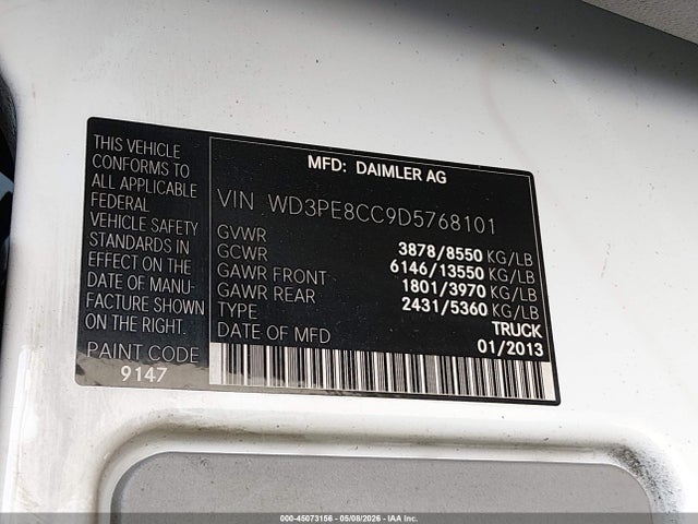 Продажа на аукционе авто 2013 Mercedes-benz Sprinter 2500 High Roof, vin: WD3PE8CC9D5768101, номер лота: 45073156