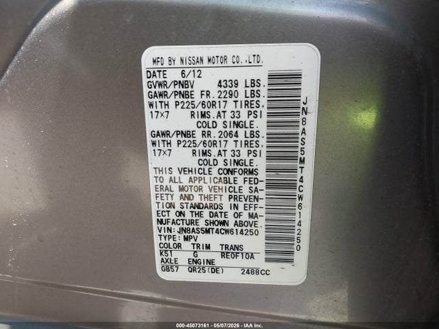 45073161 :رقم المزاد ، JN8AS5MT4CW614250 vin ، 2012 Nissan Rogue Sv مزاد بيع