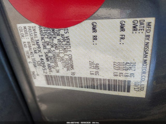 2018 Nissan Altima 2.5 Sv მანქანა იყიდება აუქციონზე, vin: 1N4AL3AP9JC140952, აუქციონის ნომერი: 45073162