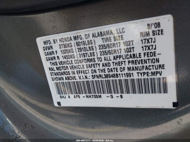 45073171 :رقم المزاد ، 5FNRL38948B111991 vin ، 2008 Honda Odyssey Touring مزاد بيع