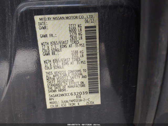 Aukcja sprzedaży 2012 Nissan Pathfinder Sv, vin: 5N1AR1NN3CC632039, numer aukcji: 45073174