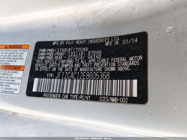 2014 Subaru Brz Limited მანქანა იყიდება აუქციონზე, vin: JF1ZCAC12E8605368, აუქციონის ნომერი: 45073181