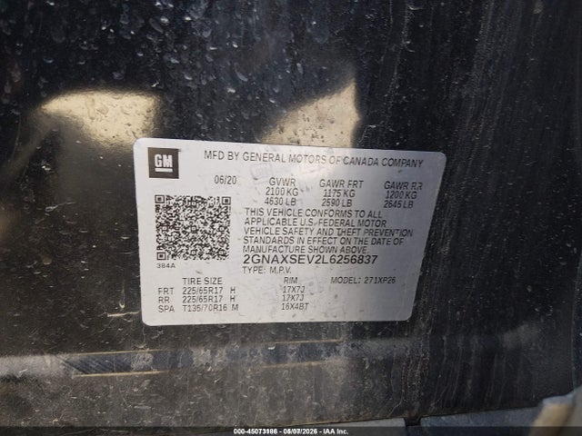 45073186 :رقم المزاد ، 2GNAXSEV2L6256837 vin ، 2020 Chevrolet Equinox Awd Ls مزاد بيع