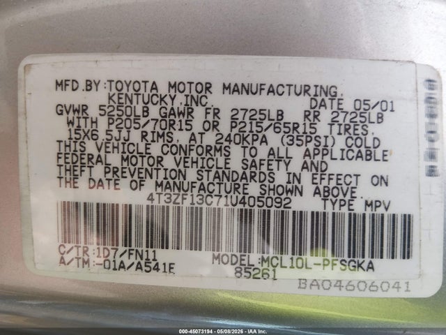 Продаж на аукціоні авто 2001 Toyota Sienna Le, vin: 4T3ZF13C71U405092, номер лоту: 45073194