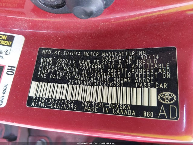 2015 Toyota Corolla S Plus მანქანა იყიდება აუქციონზე, vin: 2T1BURHE6FC276280, აუქციონის ნომერი: 45073202
