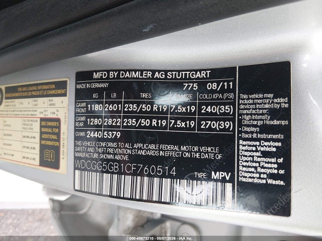 45073210 :رقم المزاد ، WDCGG5GB1CF760514 vin ، 2012 Mercedes-benz Glk 350 مزاد بيع