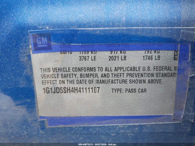 2017 Chevrolet Sonic Lt Auto მანქანა იყიდება აუქციონზე, vin: 1G1JD5SH4H4111107, აუქციონის ნომერი: 45073213