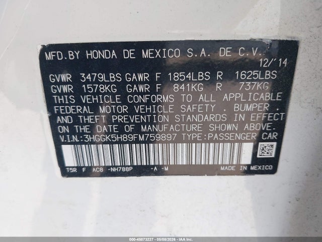 45073227 :رقم المزاد ، 3HGGK5H89FM759897 vin ، 2015 Honda Fit Ex/ex-l مزاد بيع