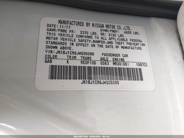 2018 Nissan Rogue Sport Sl მანქანა იყიდება აუქციონზე, vin: JN1BJ1CR6JW205099, აუქციონის ნომერი: 45073246
