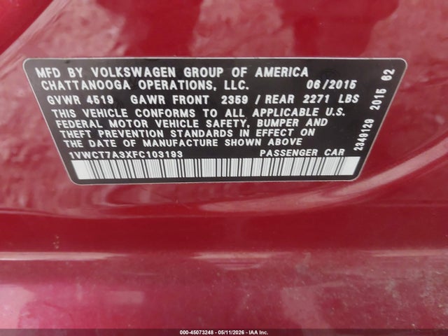 Продаж на аукціоні авто 2015 Volkswagen Passat 1.8t Sel Premium, vin: 1VWCT7A3XFC103193, номер лоту: 45073248