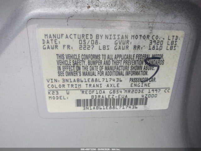 Продажа на аукционе авто 2008 Nissan Sentra 2.0s, vin: 3N1AB61E88L717436, номер лота: 45073256