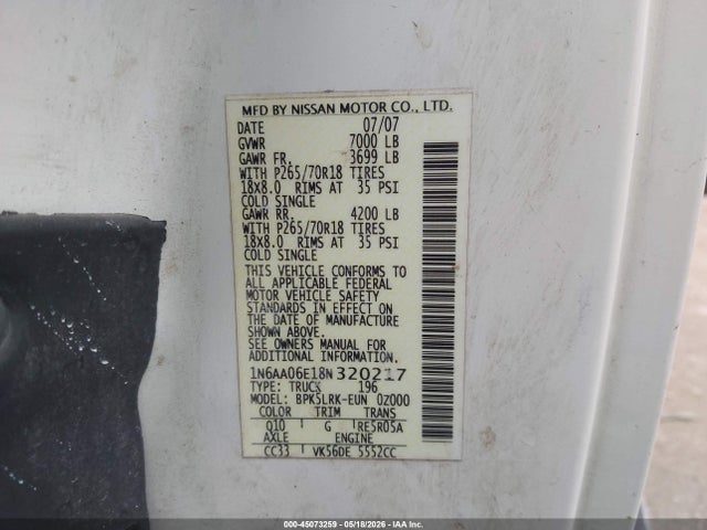 2008 Nissan Titan Xe მანქანა იყიდება აუქციონზე, vin: 1N6AA06E18N320217, აუქციონის ნომერი: 45073259