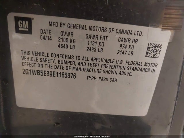 45073260 :رقم المزاد ، 2G1WB5E39E1165876 vin ، 2014 Chevrolet Impala Limited Lt مزاد بيع