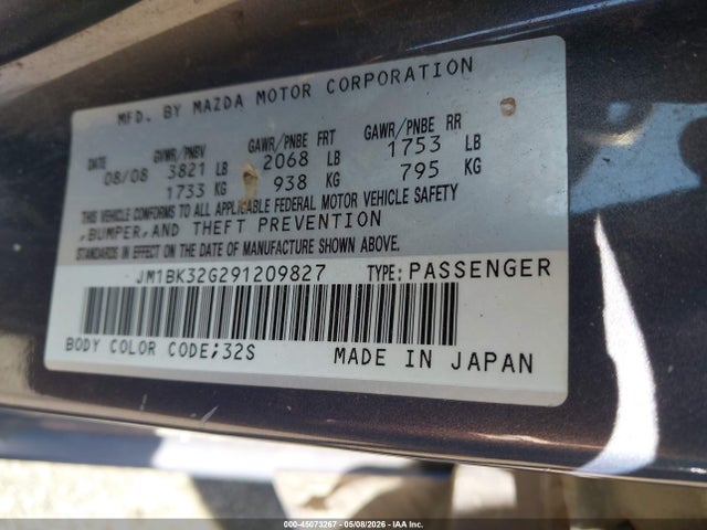 45073267 :رقم المزاد ، JM1BK32G291209827 vin ، 2009 Mazda Mazda3 I مزاد بيع