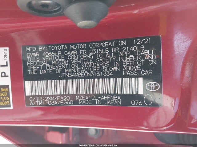 Aukcja sprzedaży 2022 Toyota Corolla Se, vin: JTNB4MBE0N3161334, numer aukcji: 45073268