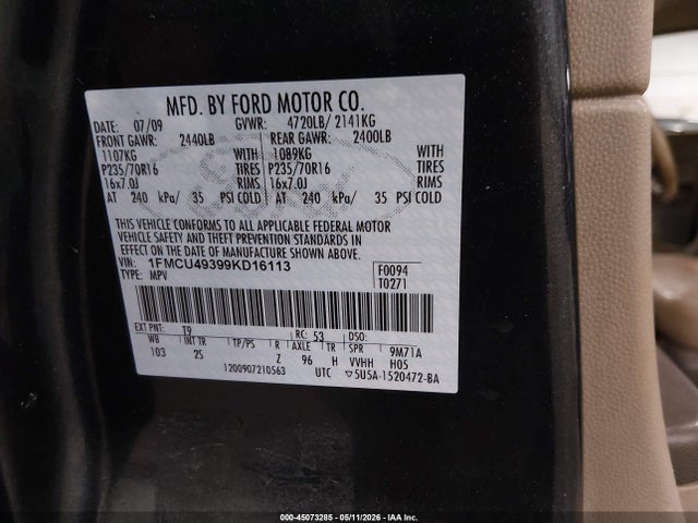 Aukcja sprzedaży 2009 Ford Escape Hybrid Limited, vin: 1FMCU49399KD16113, numer aukcji: 45073285