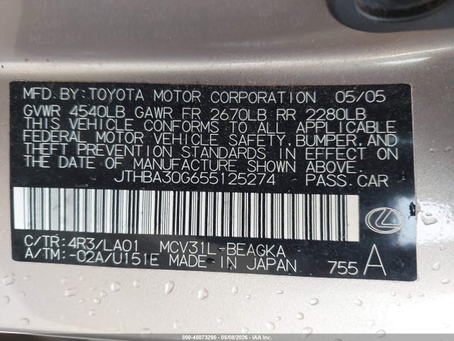 Продаж на аукціоні авто 2005 Lexus Es 330, vin: JTHBA30G655125274, номер лоту: 45073290
