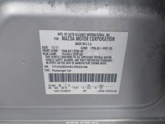 45073292 :رقم المزاد ، 1YVHZ8DH5C5M22144 vin ، 2012 Mazda Mazda6 I Touring مزاد بيع