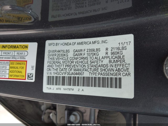 45073300 :رقم المزاد ، 1HGCV1F30JA044907 vin ، 2018 Honda Accord Sport مزاد بيع