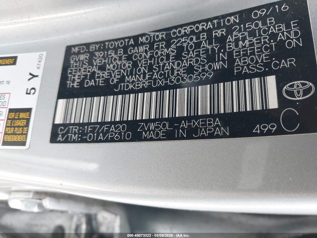 Aukcja sprzedaży 2017 Toyota Prius, vin: JTDKBRFUXH3030599, numer aukcji: 45073322