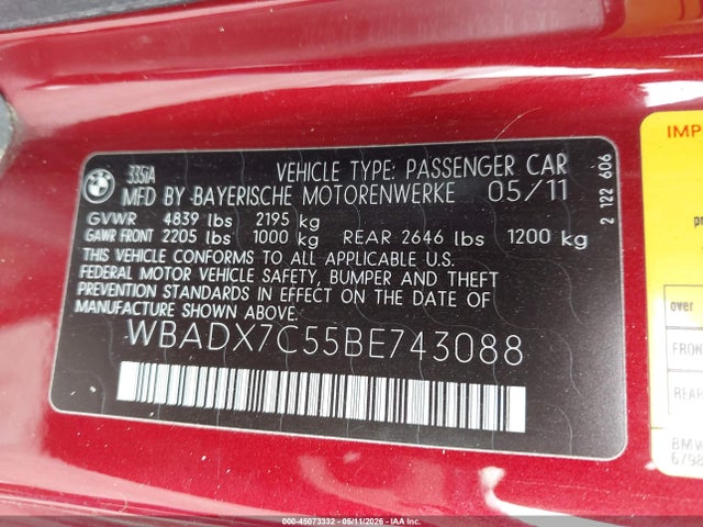 2011 Bmw 335i მანქანა იყიდება აუქციონზე, vin: WBADX7C55BE743088, აუქციონის ნომერი: 45073332