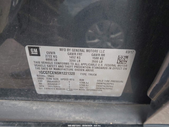 Продаж на аукціоні авто 2017 Chevrolet Colorado Lt, vin: 1GCGTCEN6H1221328, номер лоту: 45073353