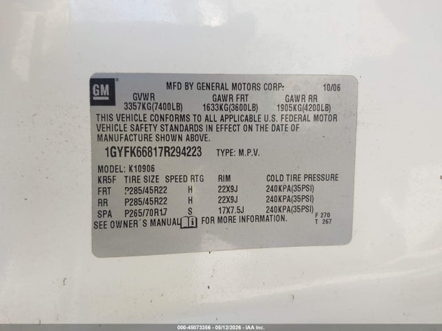 Продаж на аукціоні авто 2007 Cadillac Escalade Esv Standard, vin: 1GYFK66817R294223, номер лоту: 45073356