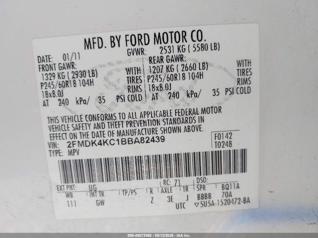 Продажа на аукционе авто 2011 Ford Edge Limited, vin: 2FMDK4KC1BBA82439, номер лота: 45073360