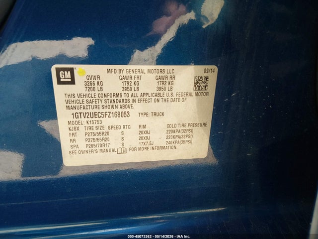 Продаж на аукціоні авто 2015 Gmc Sierra 1500 Sle, vin: 1GTV2UEC5FZ168053, номер лоту: 45073362