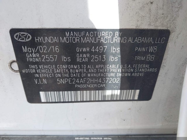 45073363 :رقم المزاد ، 5NPE24AF2HH437202 vin ، 2017 Hyundai Sonata مزاد بيع