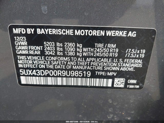 Aukcja sprzedaży 2024 Bmw X3 Sdrive30i, vin: 5UX43DP00R9U98519, numer aukcji: 45073366