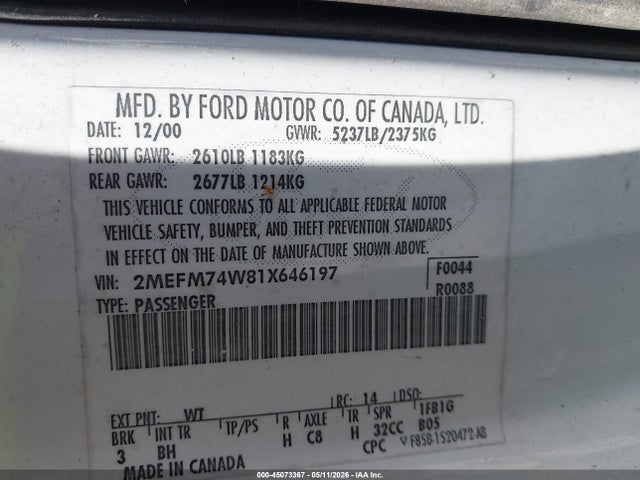2001 Mercury Grand Marquis Gs მანქანა იყიდება აუქციონზე, vin: 2MEFM74W81X646197, აუქციონის ნომერი: 45073367