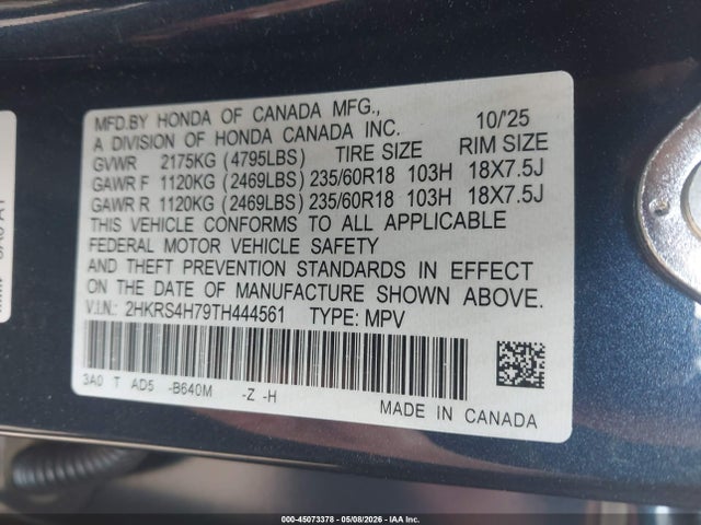 Auction sale of the 2026 Honda Cr-v Ex-l Awd, vin: 2HKRS4H79TH444561, lot number: 45073378