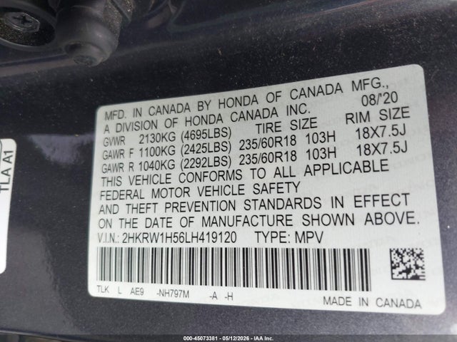 2HKRW1H56LH419120 Honda Cr-v 2wd Ex