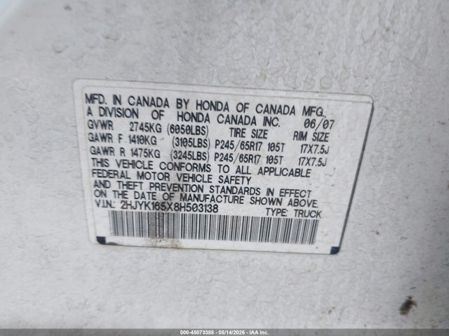 Продаж на аукціоні авто 2008 Honda Ridgeline Rtl, vin: 2HJYK165X8H503138, номер лоту: 45073388